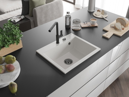 Mexen Oscar chiuvetă de bucătărie din granit cu 1 compartiment 580 x 490 mm, albă, sifon negru - 6519581000-20-B