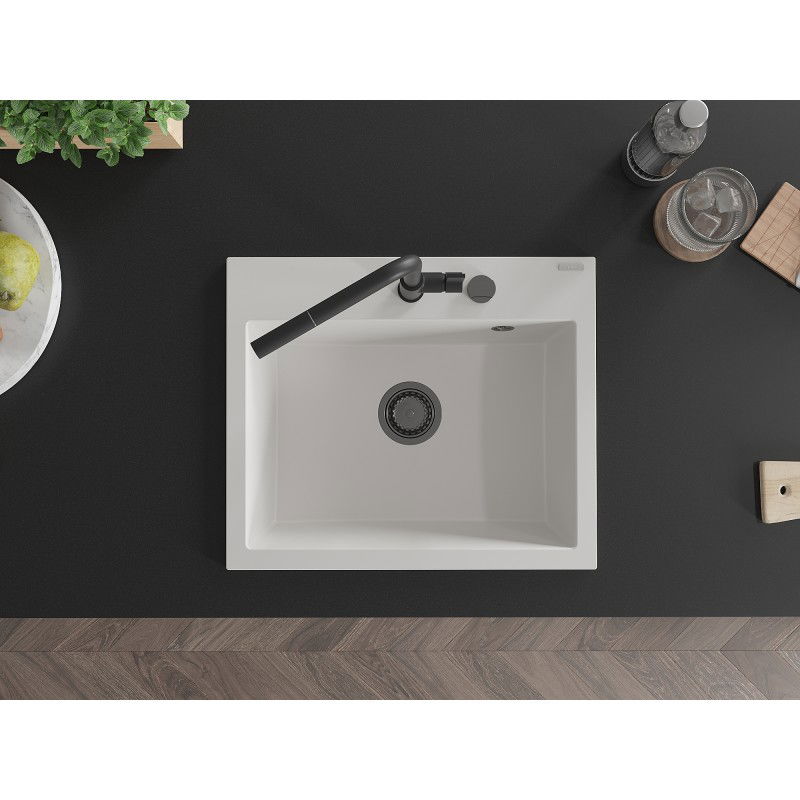 Mexen Oscar chiuvetă de granit cu 1 compartiment 580 x 490 mm, alb, sifon negru - 6519581000-20-B