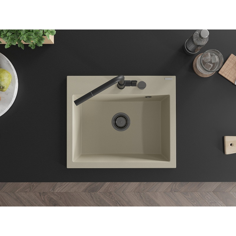 Mexen Oscar chiuvetă de granit cu 1 cuvă 580 x 490 mm, bej, sifon negru - 6519581000-69-B