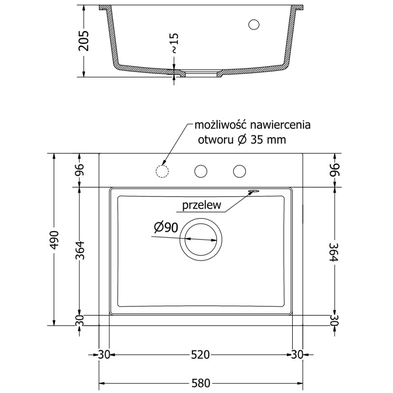 Mexen Oscar chiuvetă din granit cu 1 compartiment 580 x 490 mm, gri, sifon negru - 6519581000-71-B