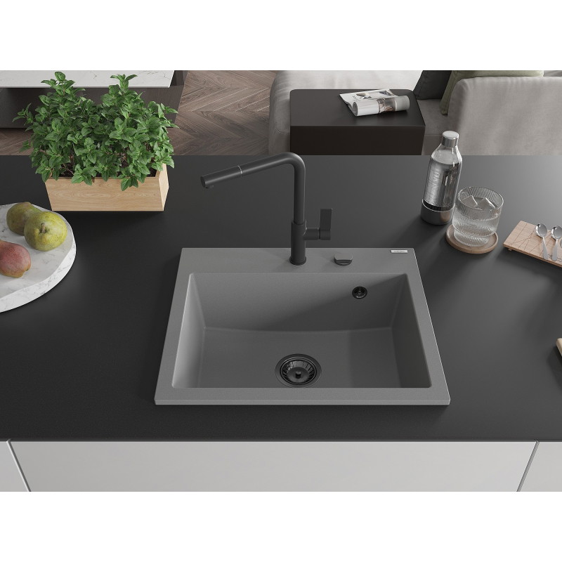 Mexen Oscar chiuvetă din granit cu 1 compartiment 580 x 490 mm, gri, sifon negru - 6519581000-71-B