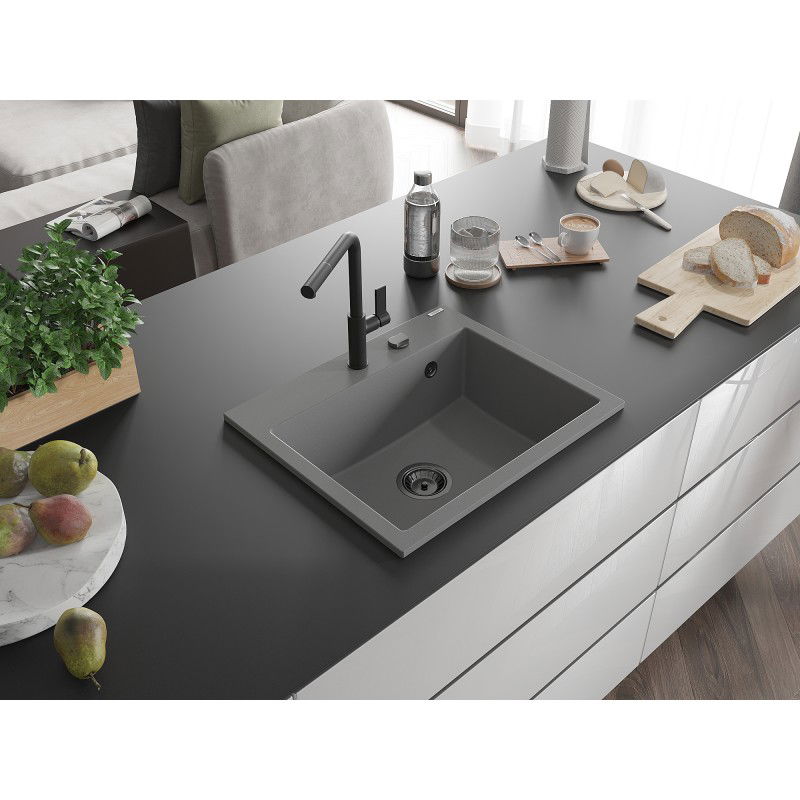 Mexen Oscar chiuvetă de granit cu 1 compartiment 580 x 490 mm, gri, sifon negru - 6519581000-71-B