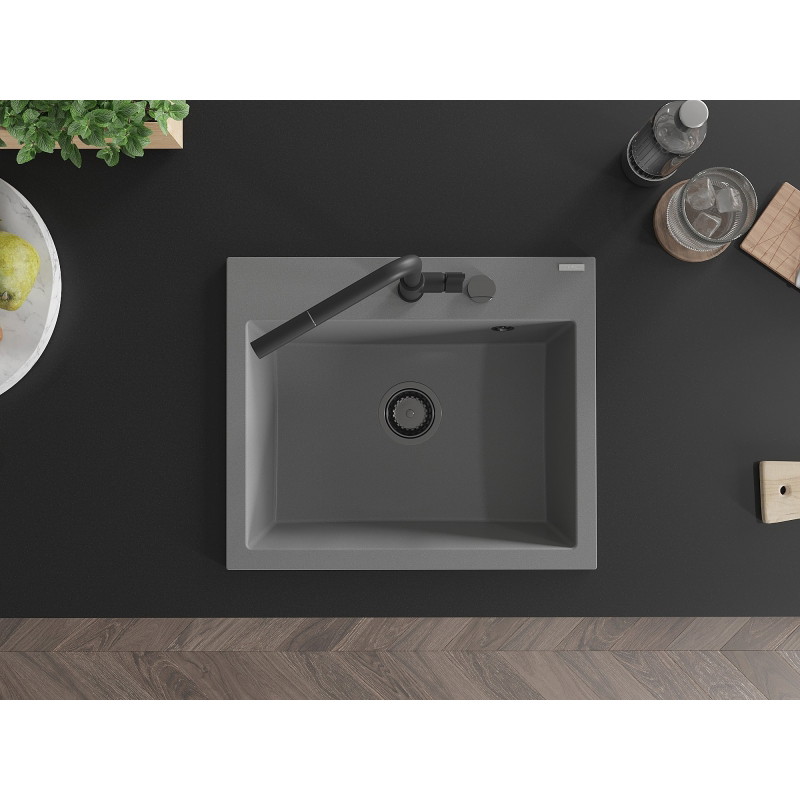 Mexen Oscar chiuvetă din granit cu 1 compartiment 580 x 490 mm, gri, sifon negru - 6519581000-71-B