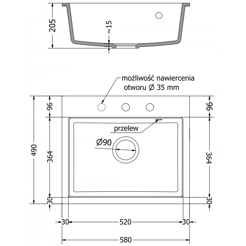 Mexen Oscar chiuvetă din granit cu 1 compartiment 580 x 490 mm, negru/argintiu metalic, sifon negru - 6519581000-73-B
