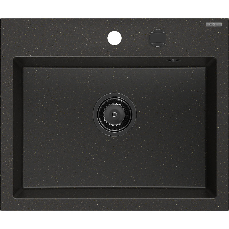 Mexen Oscar chiuvetă de bucătărie din granit cu 1 cuvă 580 x 490 mm, negru/auriu metalizat, sifon negru - 6519581000-75-B