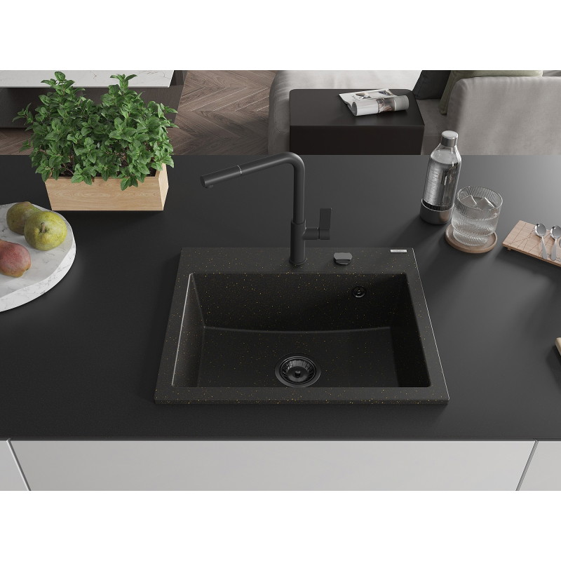Mexen Oscar chiuvetă de bucătărie din granit cu 1 cuvă 580 x 490 mm, negru/auriu metalizat, sifon negru - 6519581000-75-B