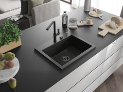 Mexen Oscar chiuvetă din granit cu 1 compartiment 580 x 490 mm, negru/aureu metalic, sifon negru - 6519581000-75-B