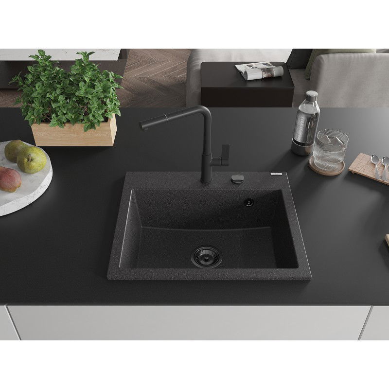 Mexen Oscar chiuvetă de granit cu 1 compartiment 580 x 490 mm, neagră punctată, sifon negru - 6519581000-76-B