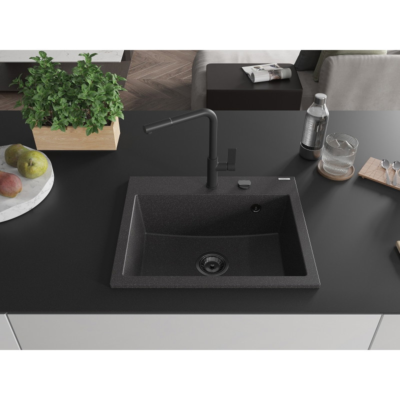 Mexen Oscar chiuvetă din granit cu o cuvă 580 x 490 mm, neagră cu pete, sifon negru - 6519581000-76-B