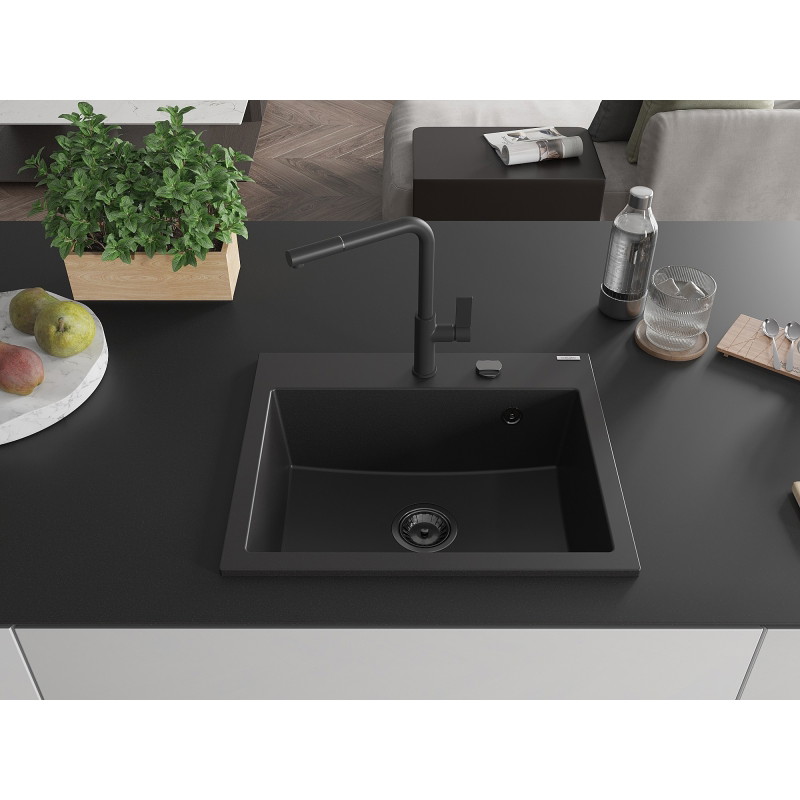 Mexen Oscar chiuvetă de granit cu 1 cameră 580 x 490 mm, neagră, sifon negru - 6519581000-77-B