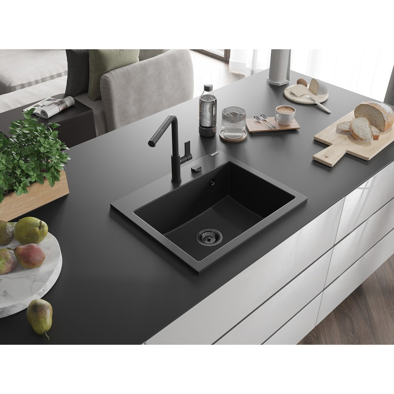 Mexen Oscar chiuvetă de granit cu 1 cameră 580 x 490 mm, neagră, sifon negru - 6519581000-77-B