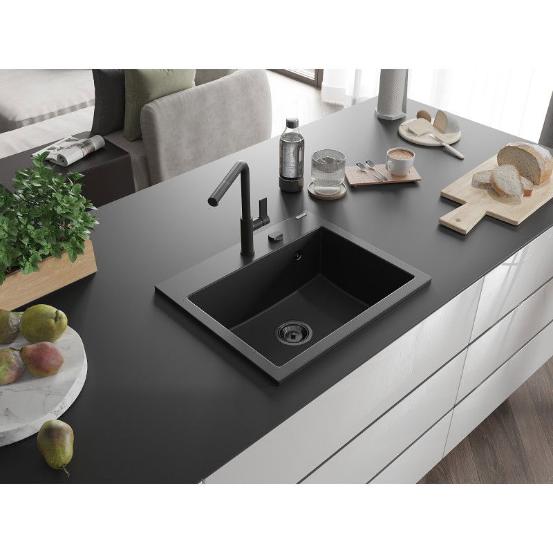 Mexen Oscar chiuvetă de granit cu 1 compartiment 580 x 490 mm, negru, sifon negru - 6519581000-77-B