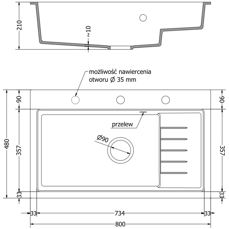 Mexen Omar gránit mosogató 1 rekeszes 800 x 480 mm, bézs, króm szifon - 6520801005-69