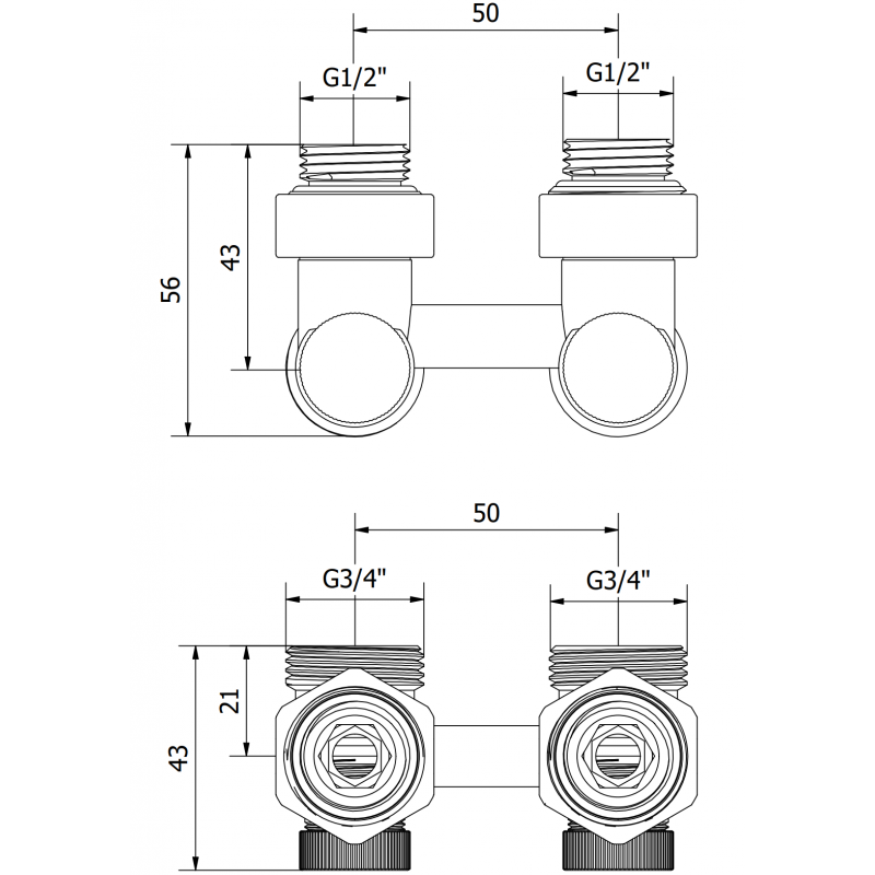 Mexen Uni-Term duplacsöves radiátorszelep DN50, szögletes 1/2"x3/4", nikkel - W911-012-01