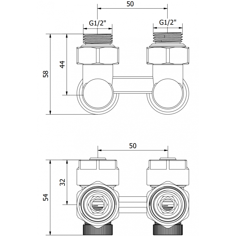 Mexen Uni-Term supapă radiator cu două tuburi DN50, unghiulară 1/2"x16 mm, nichel - W911-016-01
