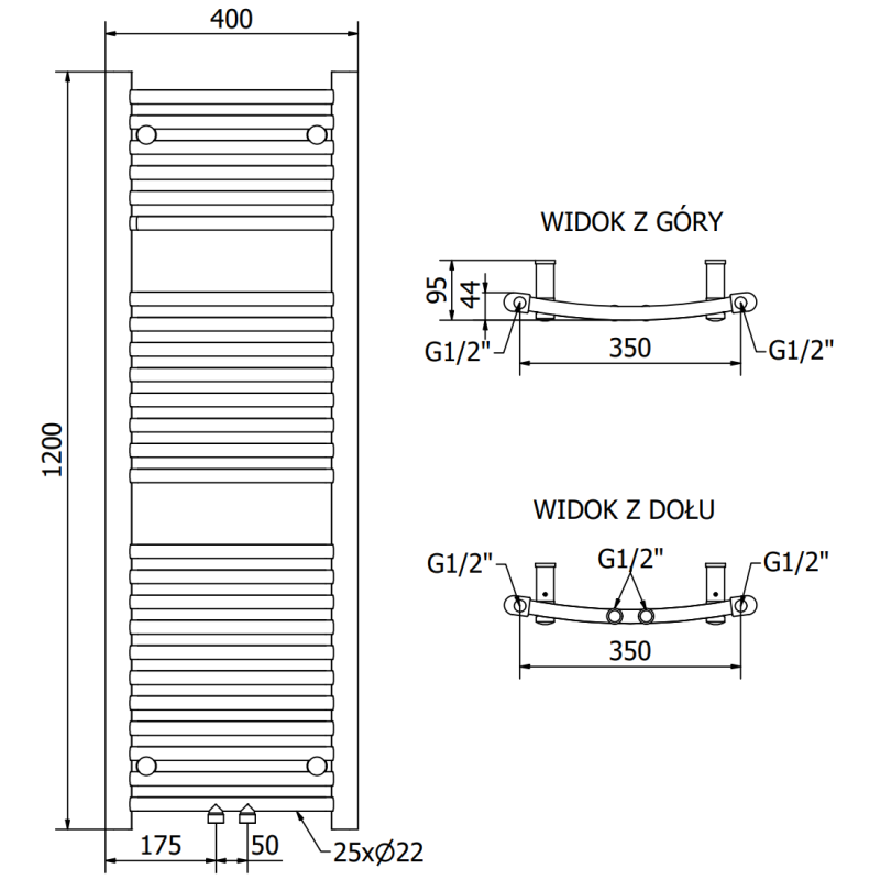 Mexen Ares törölközőszárítós radiátor 1200 x 400 mm, 349 W, króm - W102-1200-400-00-01