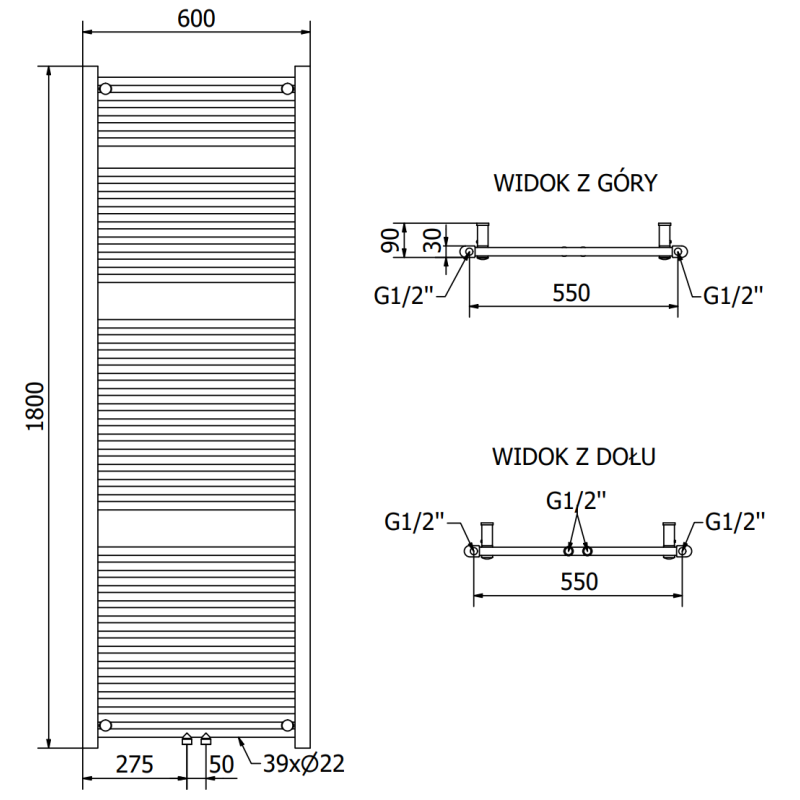 Mexen Mars fürdőszobai radiátor 1800 x 600 mm, 953 W, antracit - W110-1800-600-00-66