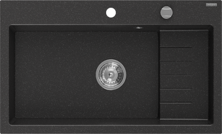 Mexen Omar chiuvetă de granit cu o cuvă 800 x 480 mm, negru/argintiu metalic, sifon crom - 6520801005-73