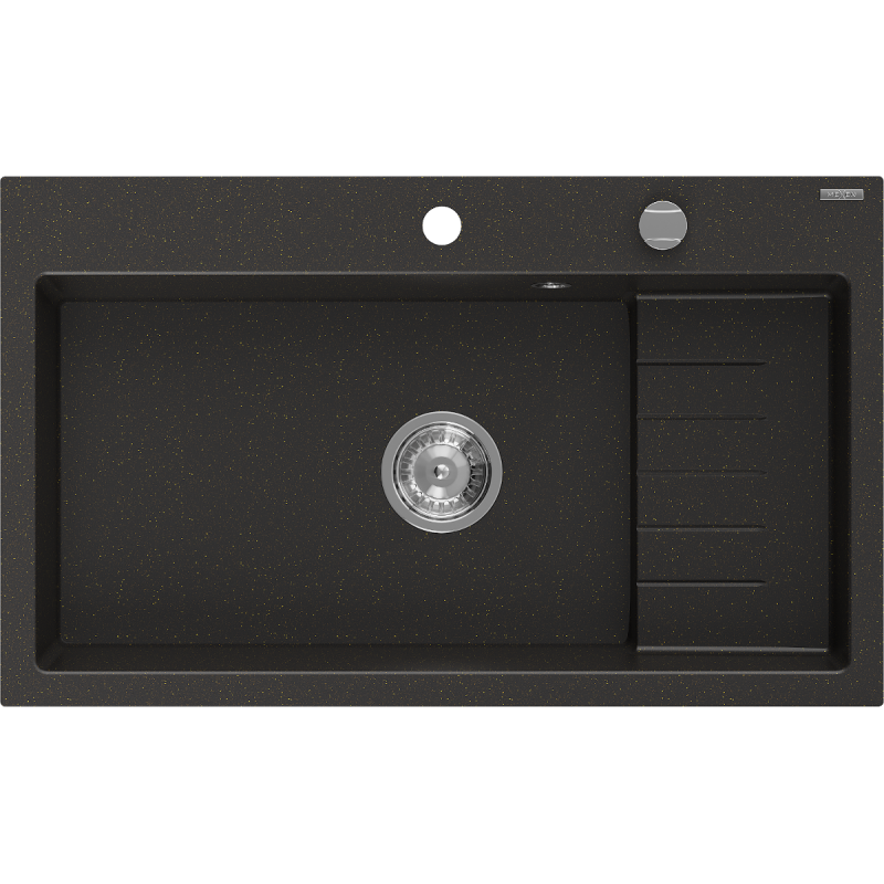 Mexen Omar chiuvetă de bucătărie din granit cu 1 cameră 800 x 480 mm, negru/auriu metalic, sifon crom - 6520801005-75