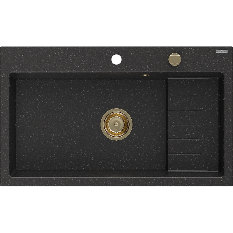 Mexen Omar chiuvetă de granit cu 1 compartiment 800 x 480 mm, negru/argintiu metalic, sifon auriu - 6520801005-73-G