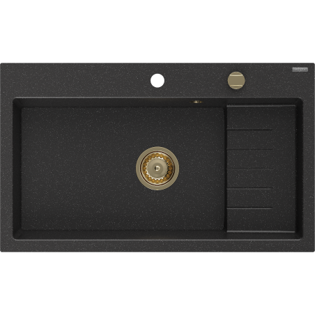 Mexen Omar chiuvetă de granit cu 1 compartiment 800 x 480 mm, negru/argintiu metalic, sifon auriu - 6520801005-73-G