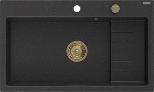 Mexen Omar chiuvetă de granit cu 1 compartiment 800 x 480 mm, negru/argintiu metalic, sifon auriu - 6520801005-73-G
