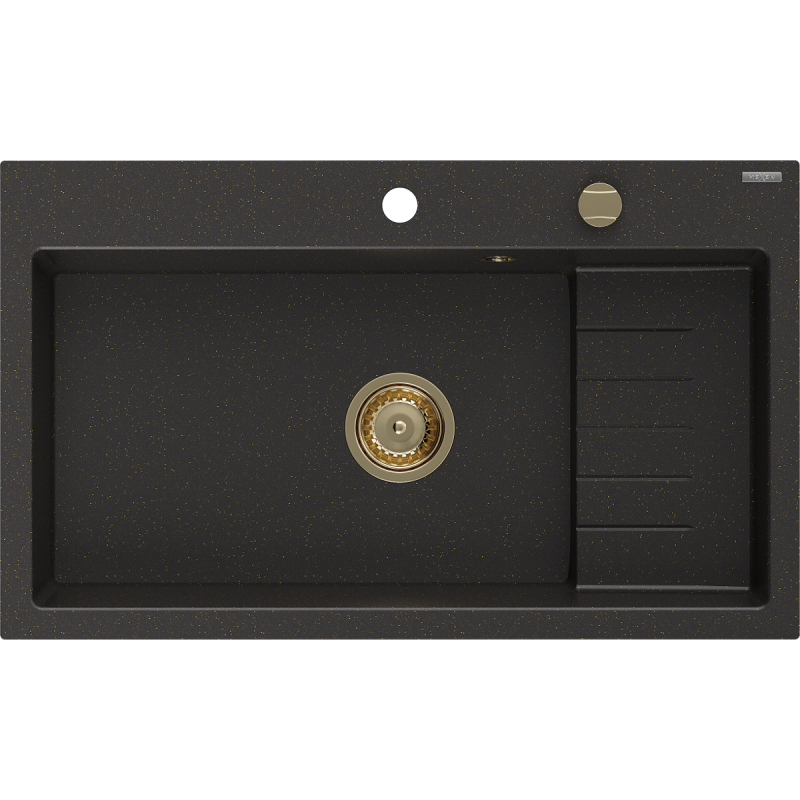Mexen Omar 1 rekeszes gránit mosogató 800 x 480 mm, fekete/arany metál, arany szifonnal - 6520801005-75-G
