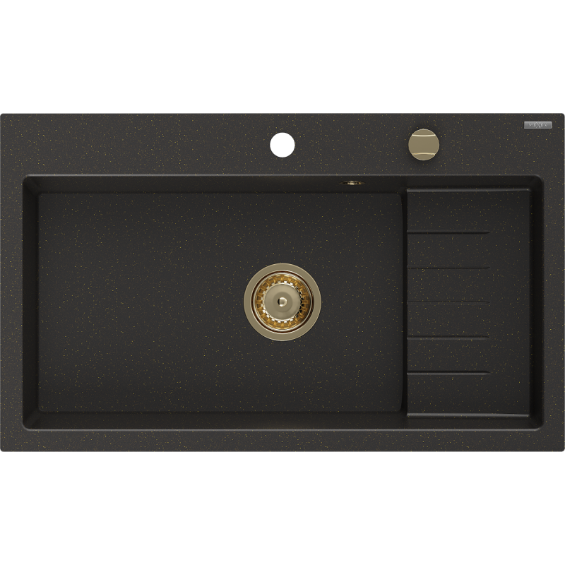 Mexen Omar chiuvetă de bucătărie din granit 1-cuvelă 800 x 480 mm, negru/auriu metalic, sifon auriu - 6520801005-75-G
