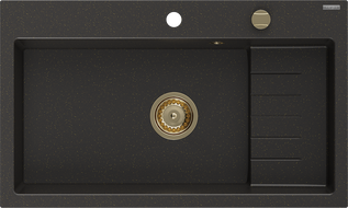 Mexen Omar chiuvetă de granit cu 1 compartiment 800 x 480 mm, negru/auriu metalizat, sifon auriu - 6520801005-75-G