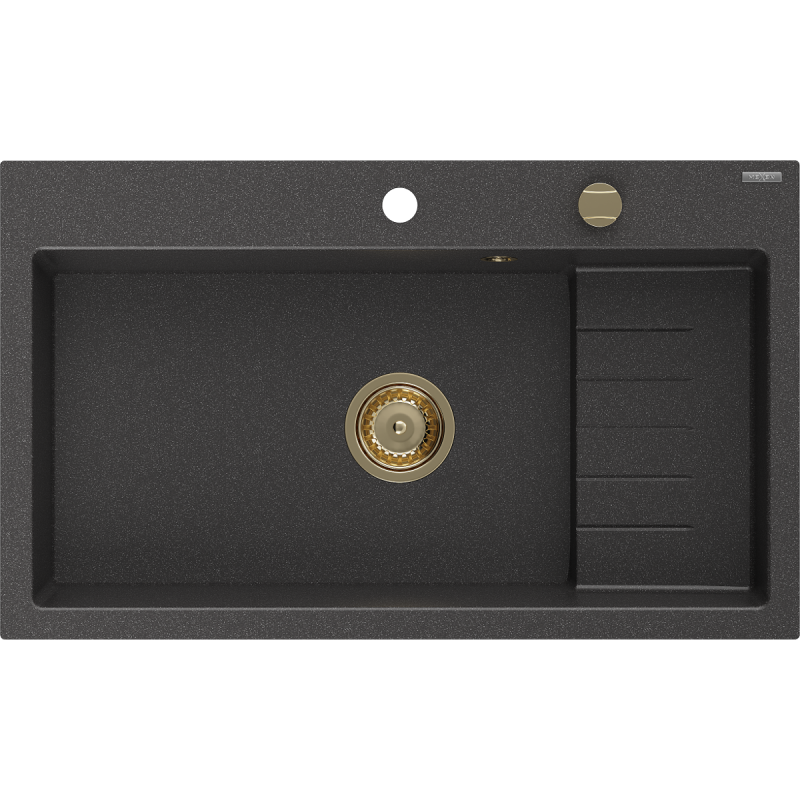 Mexen Omar chiuvetă de bucătărie din granit, cu o singură cuvă, 800 x 480 mm, negru pătat, sifon auriu - 6520801005-76-G