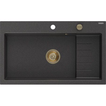 Mexen Omar chiuvetă de bucătărie din granit, cu o singură cuvă, 800 x 480 mm, negru pătat, sifon auriu - 6520801005-76-G