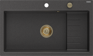 Mexen Omar gránit mosogató 1-medencés 800 x 480 mm, fekete pöttyös, arany szifon - 6520801005-76-G