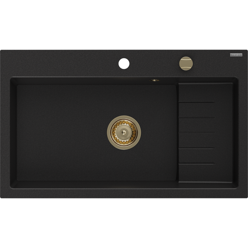 Mexen Omar 1-komponensű gránit mosogató 800 x 480 mm, fekete, arany szifon - 6520801005-77-G