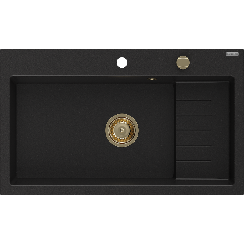 Mexen Omar chiuvetă de granit cu 1 compartiment 800 x 480 mm, negru, sifon auriu - 6520801005-77-G