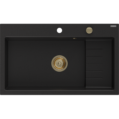 Mexen Omar chiuvetă de bucătărie din granit cu 1 cuvă 800 x 480 mm, negru, sifon auriu - 6520801005-77-G