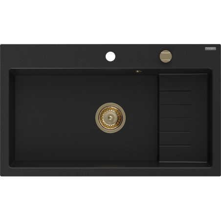 Mexen Omar chiuvetă de granit cu 1 compartiment 800 x 480 mm, negru, sifon auriu - 6520801005-77-G