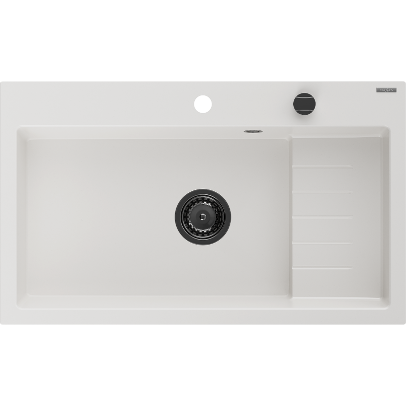 Mexen Omar chiuvetă de bucătărie din granit cu 1 compartiment 800 x 480 mm, alb, sifon negru - 6520801005-20-B