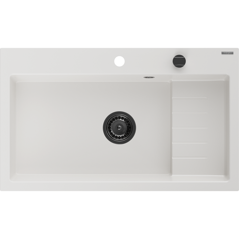 Mexen Omar chiuvetă din granit cu 1 compartiment 800 x 480 mm, alb, sifon negru - 6520801005-20-B