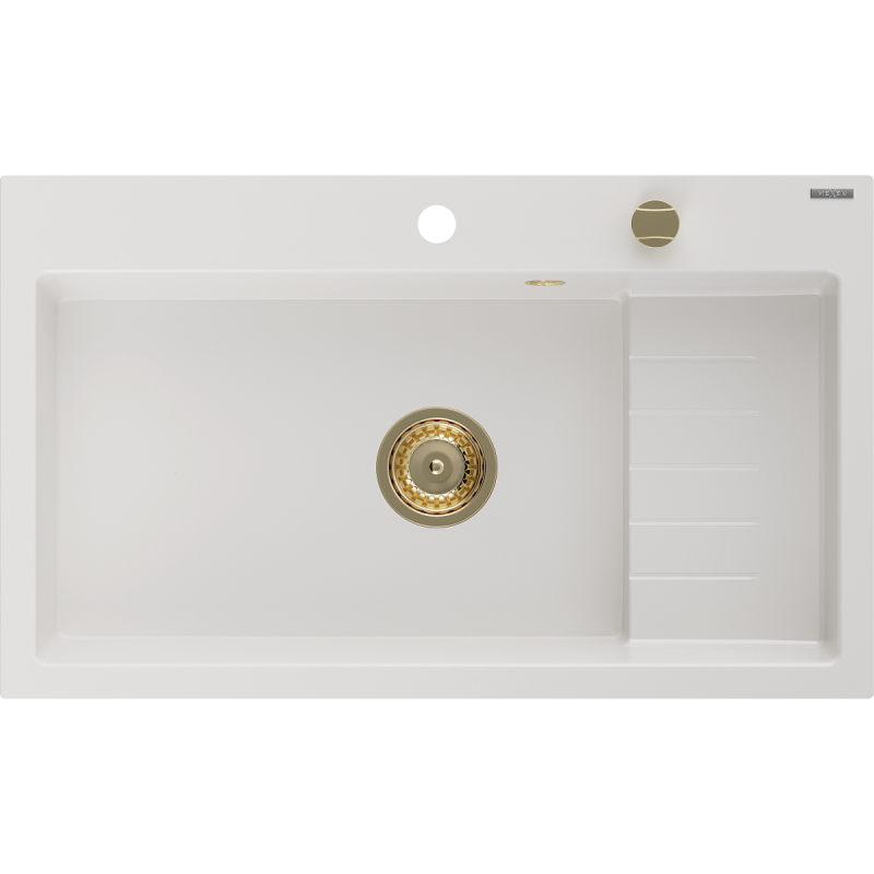 Mexen Omar egymedencés gránit mosogató 800 x 480 mm, fehér, arany szifon - 6520801005-20-G