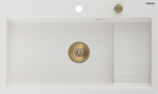 Mexen Omar egymedencés gránit mosogató 800 x 480 mm, fehér, arany szifon - 6520801005-20-G