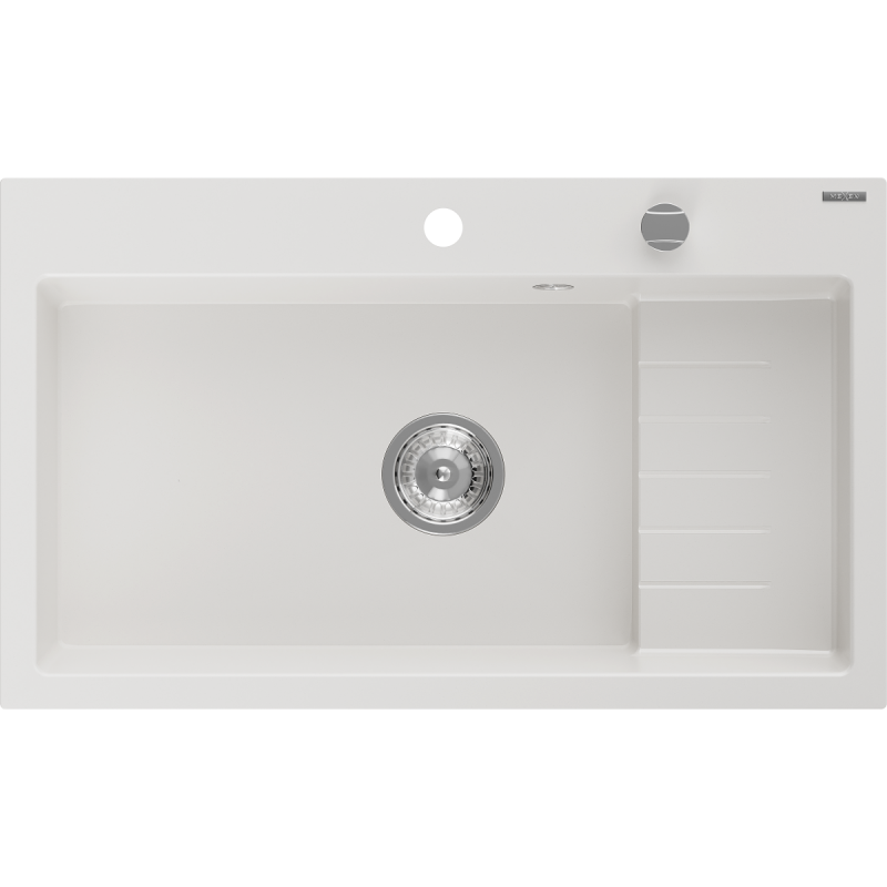 Mexen Omar chiuvetă de bucătărie din granit cu 1 compartiment 800 x 480 mm, alb, sifon crom - 6520801005-20