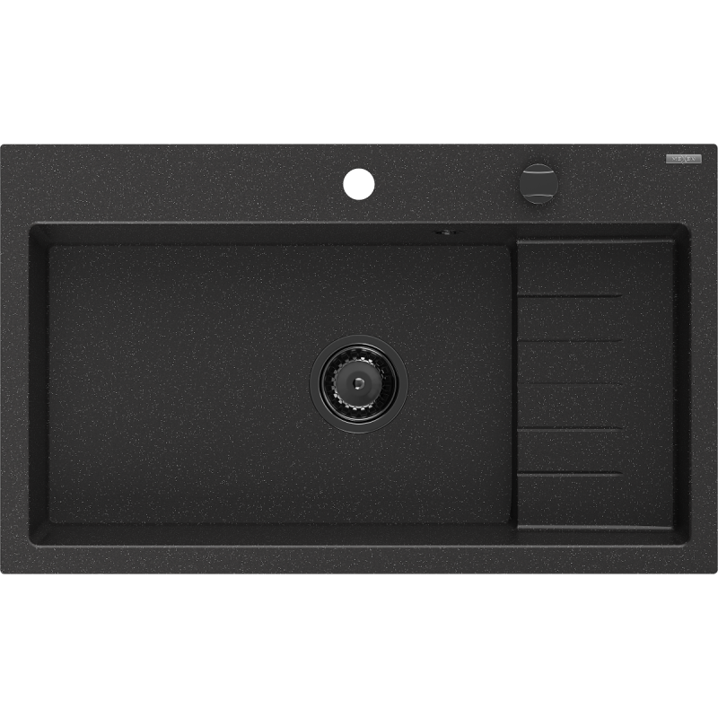 Mexen Omar gránit mosogató, 1-medencés, 800 x 480 mm, fekete/ezüst metál, fekete szifon - 6520801005-73-B