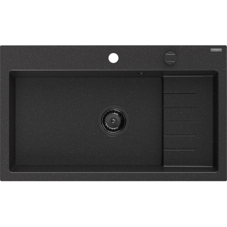 Mexen Omar gránit mosogató, 1-medencés, 800 x 480 mm, fekete/ezüst metál, fekete szifon - 6520801005-73-B