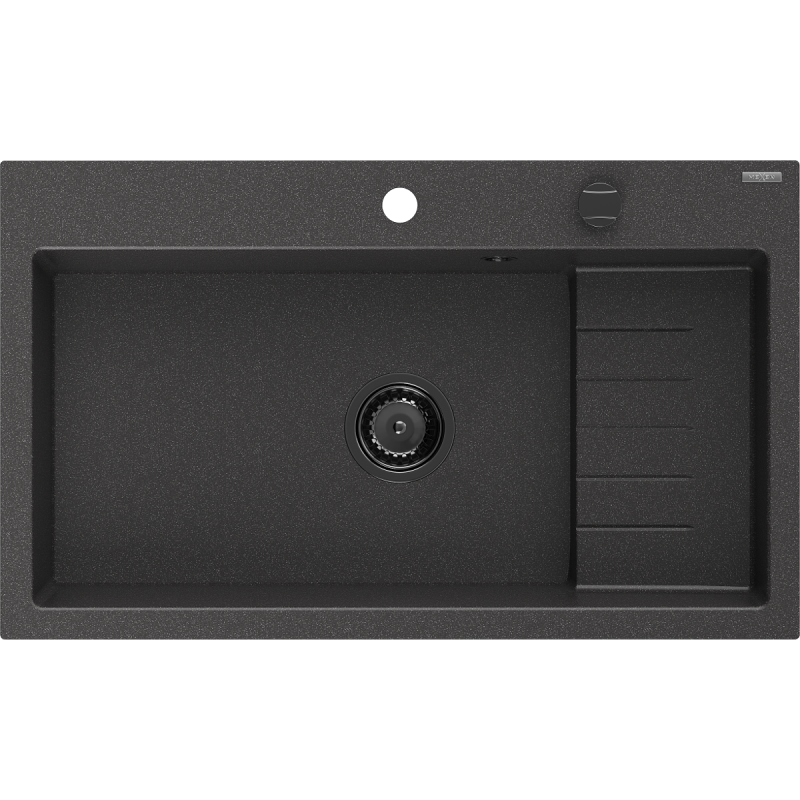 Mexen Omar egymedencés gránit mosogató 800 x 480 mm, fekete spriccelt, fekete szifon - 6520801005-76-B