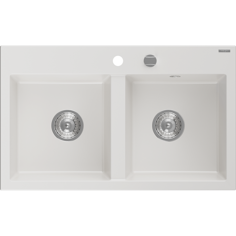 Mexen Hektor chiuvetă din granit cu 2 camere 800 x 480 mm, alb, sifon crom - 6521802000-20