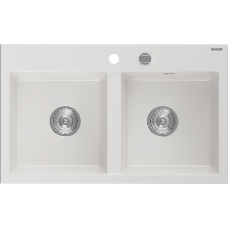 Mexen Hektor chiuvetă de bucătărie din granit cu 2 compartimente 800 x 480 mm, albă, sifon crom - 6521802000-20