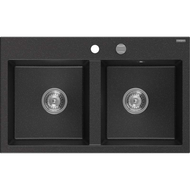 Mexen Hektor chiuvetă din granit cu 2 compartimente 800 x 480 mm, negru/metalic argintiu, sifon crom - 6521802000-73