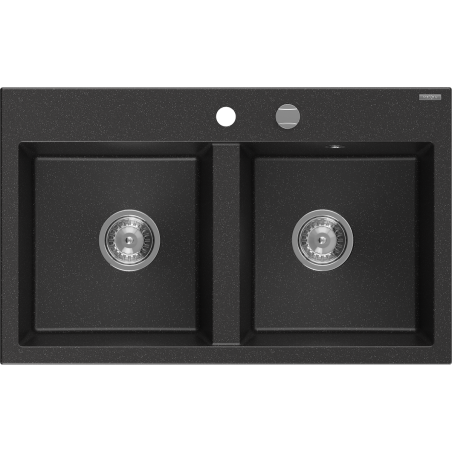 Mexen Hektor gránit mosogató 2-medencés 800 x 480 mm, fekete/ezüst metál, króm szifon - 6521802000-73