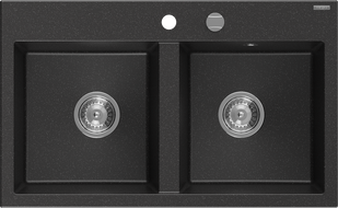 Mexen Hektor gránit mosogató 2-medencés 800 x 480 mm, fekete/ezüst metál, króm szifon - 6521802000-73