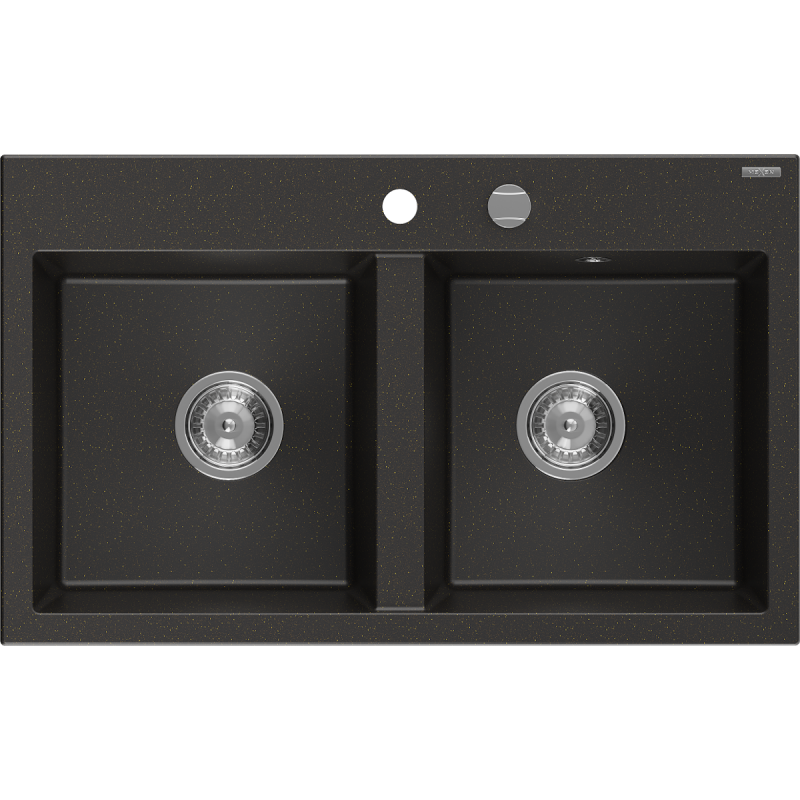 Mexen Hektor chiuvetă de bucătărie granit 2 compartimente 800 x 480 mm, negru/auriu metalic, sifon crom - 6521802000-75